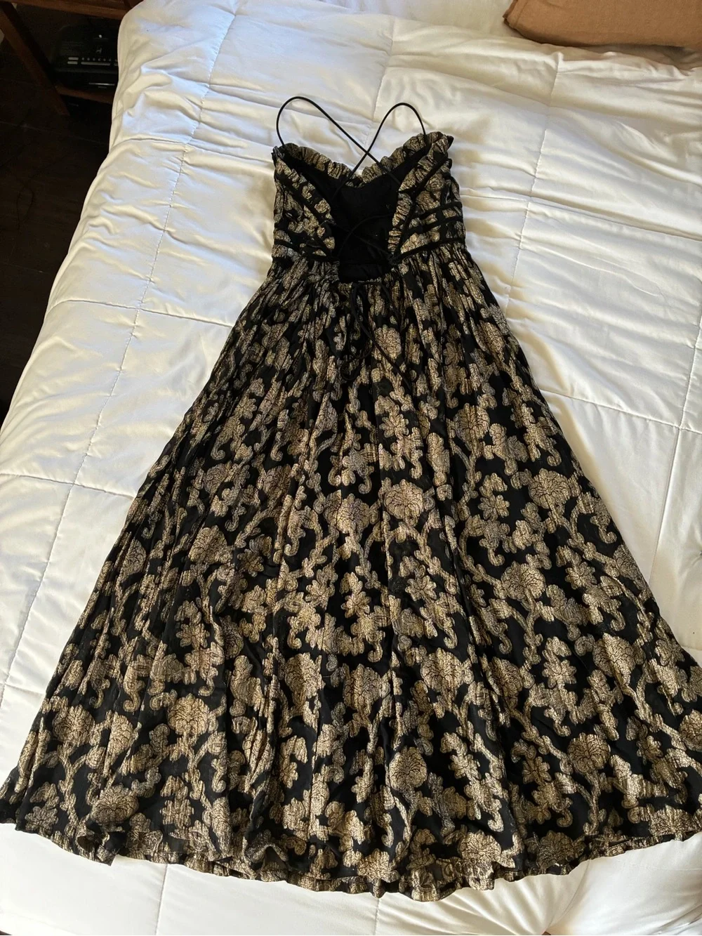 Free people, Charlie Bustier Black & Gold Floral Maxi Dress w/ Spaghetti Straps